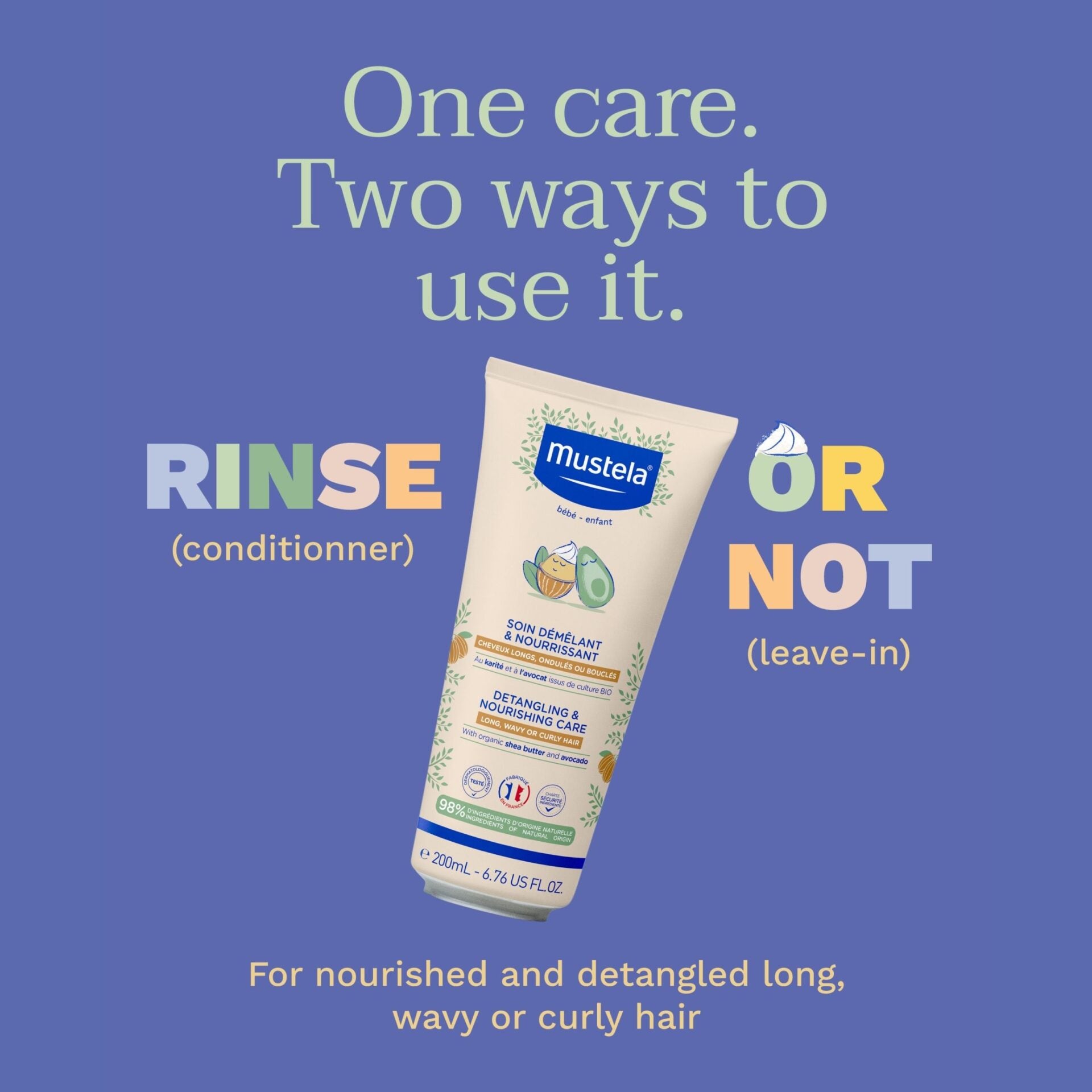 Mustela hair care product with 'Rinse' and 'Or Not' text on a blue background