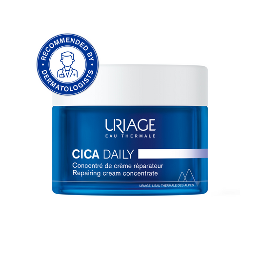 Uriage Cica Daily repair cream concentrate jar with blue and white design on a white background