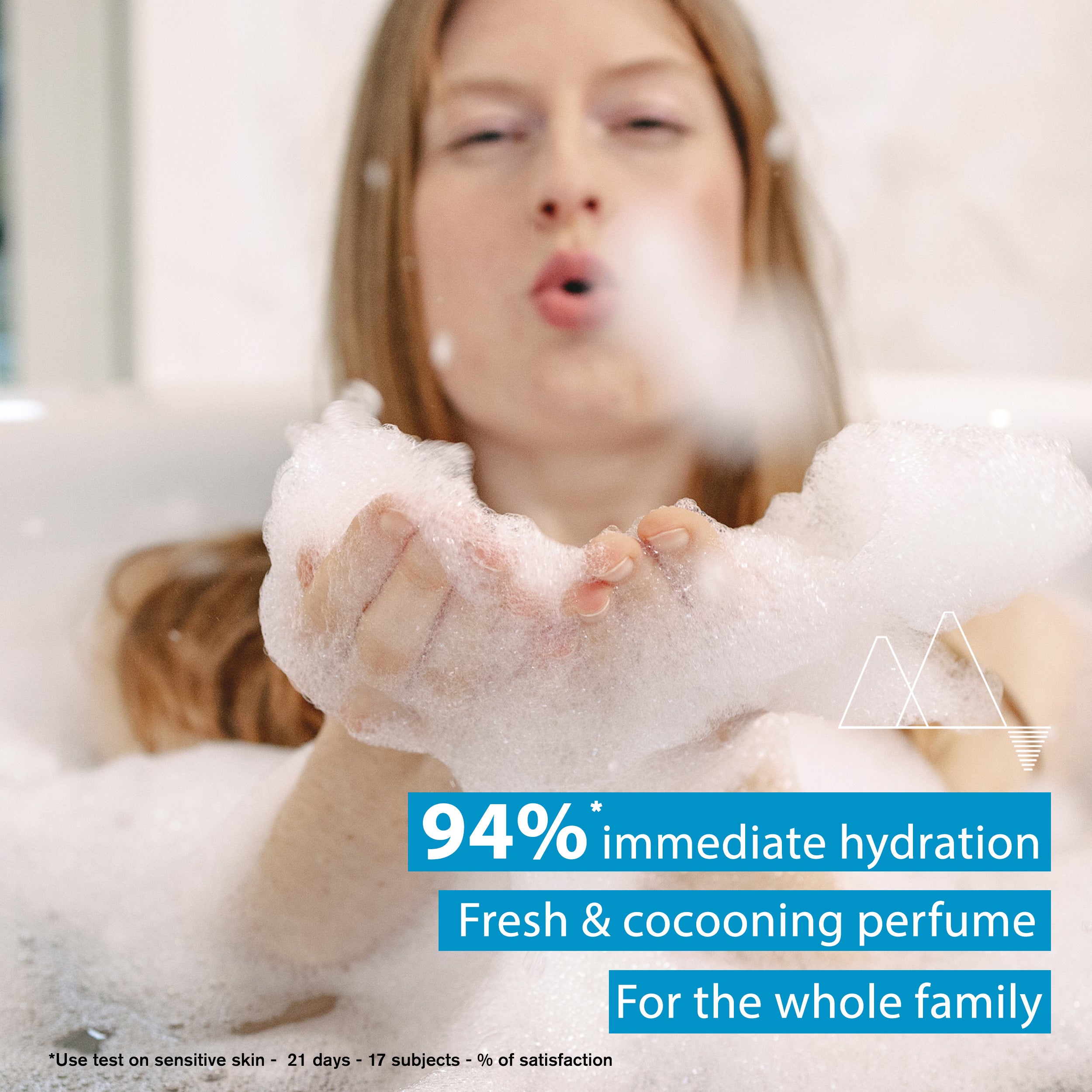 Person blowing bubbles with a focus on hydration and perfume text overlay