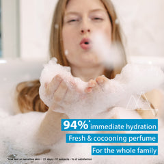 Person blowing bubbles with a focus on hydration and perfume text overlay