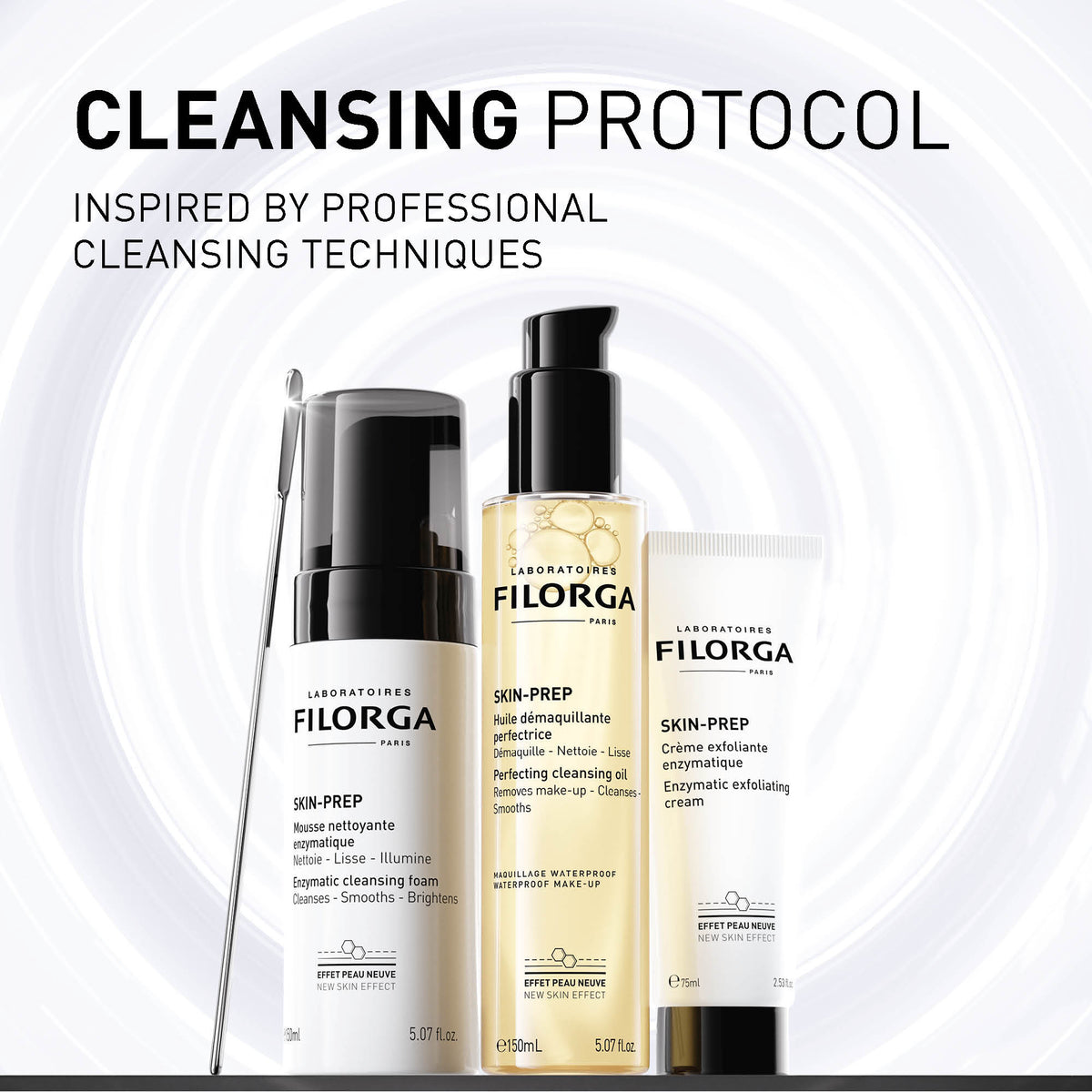 Filorga skincare products with text 'Cleansing Protocol' on a white background