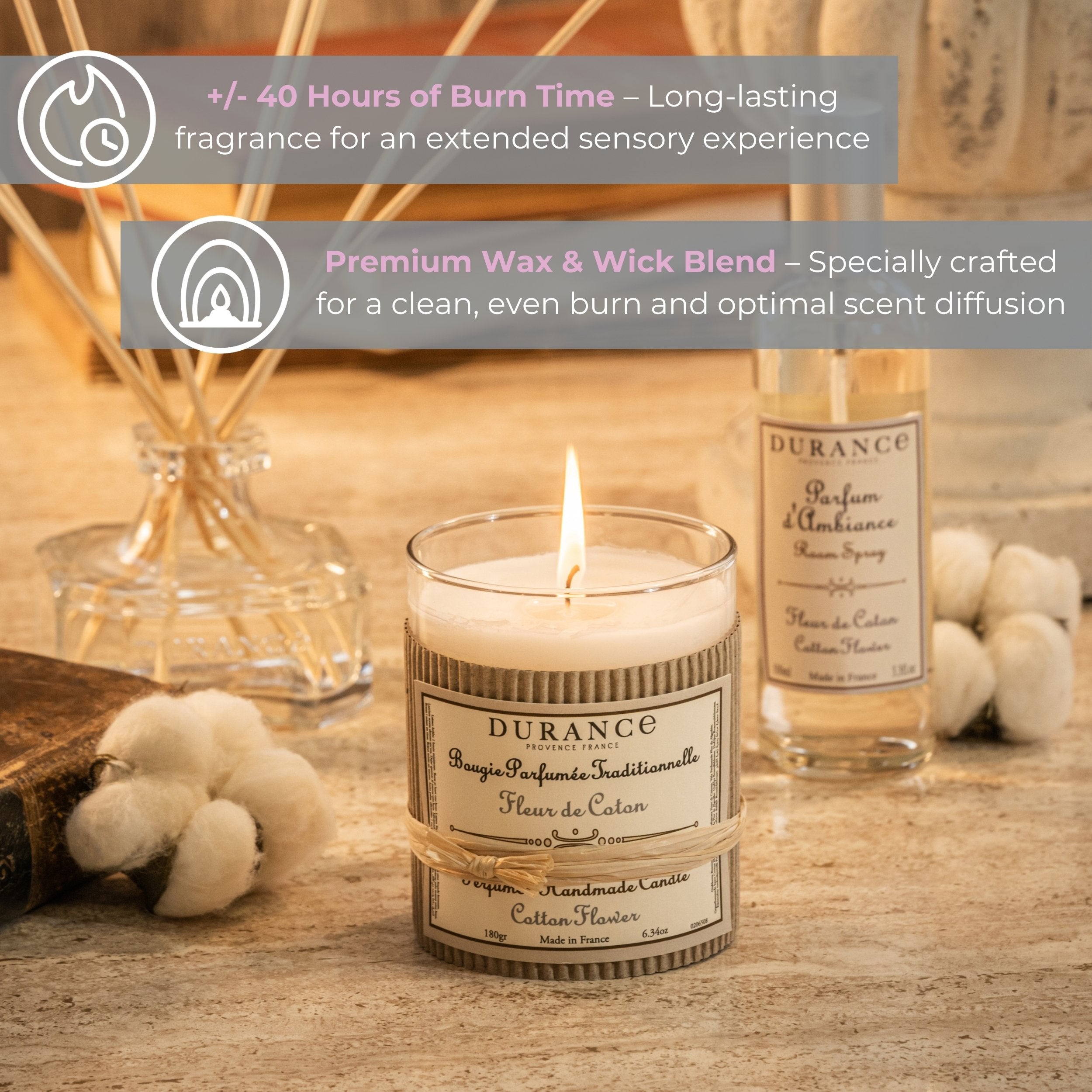 Durance Perfumed Handmade Candle 180 gr Cotton Flower image key features
