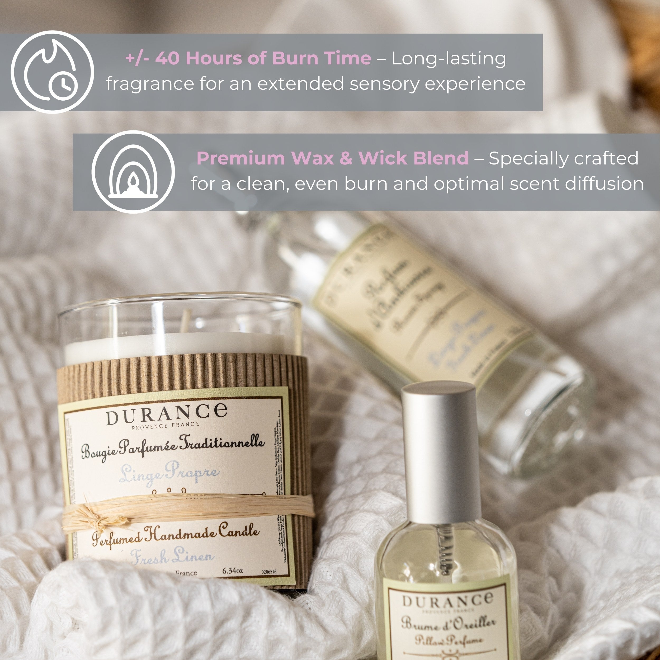 Durance Perfumed Handmade Candle 180g Fresh Linen key features