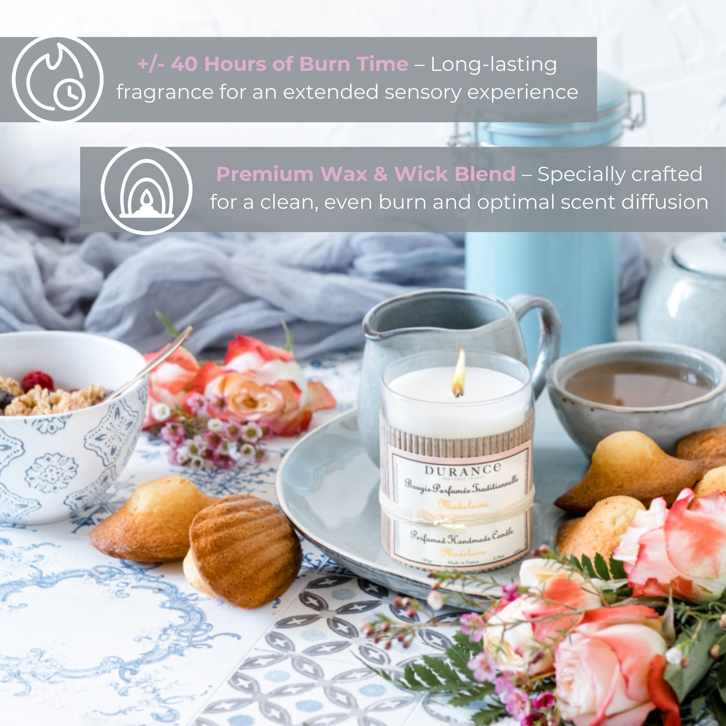 Durance Perfumed Handmade Candle 180g Madeleine Key features