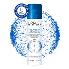 Uriage thermal water can with blue droplets on a white background