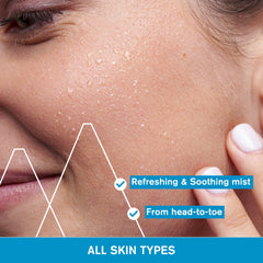 Close-up of a person's face with text about a refreshing and soothing mist for all skin types.