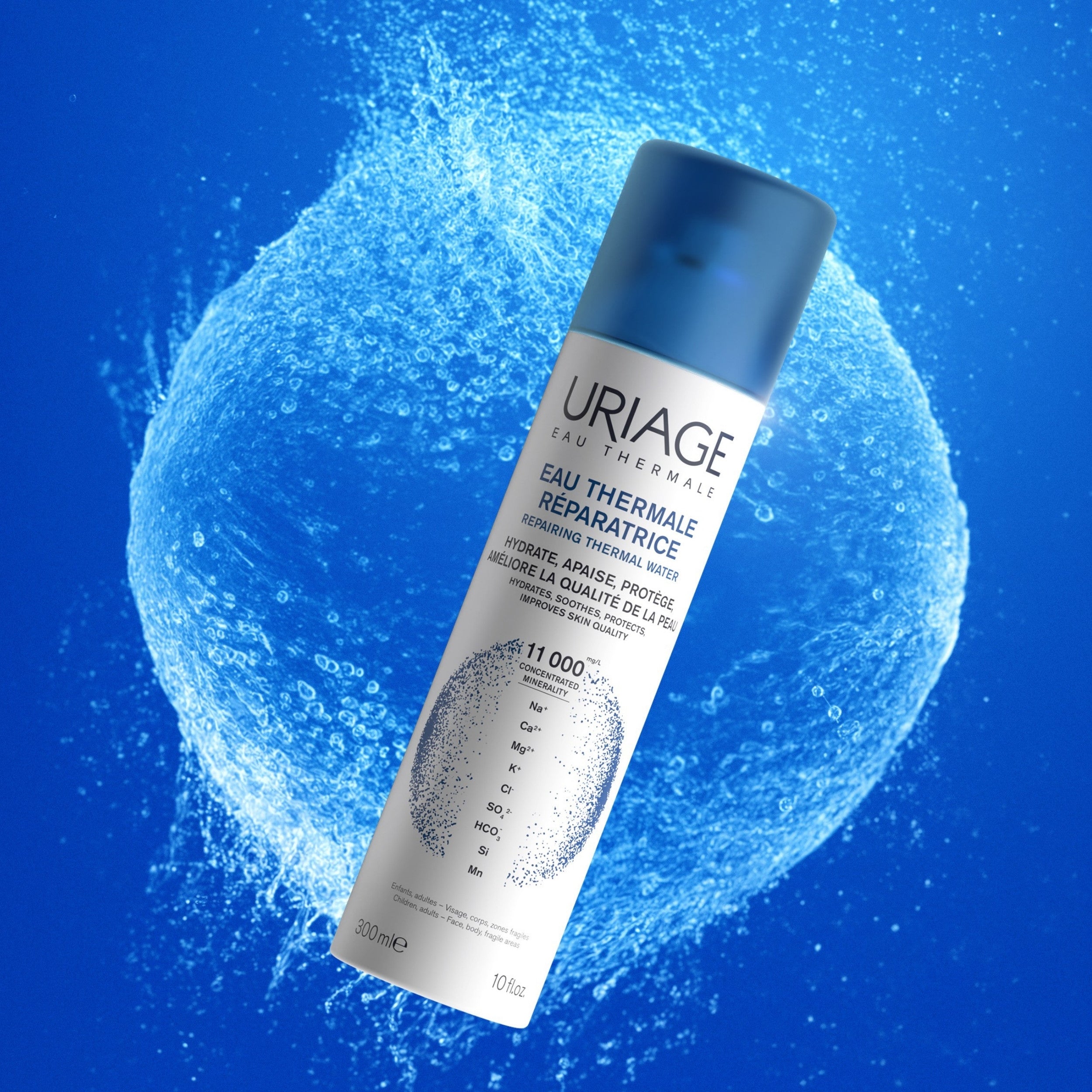 Uriage thermal water canister with a blue background