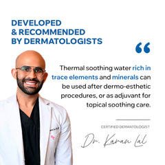 Certified dermatologist Dr. Karan Lal endorsing thermal soothing water with text on a white background