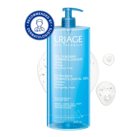 Blue bottle of Uriage Extra-Rich Dermatological Gel with pump on a white background