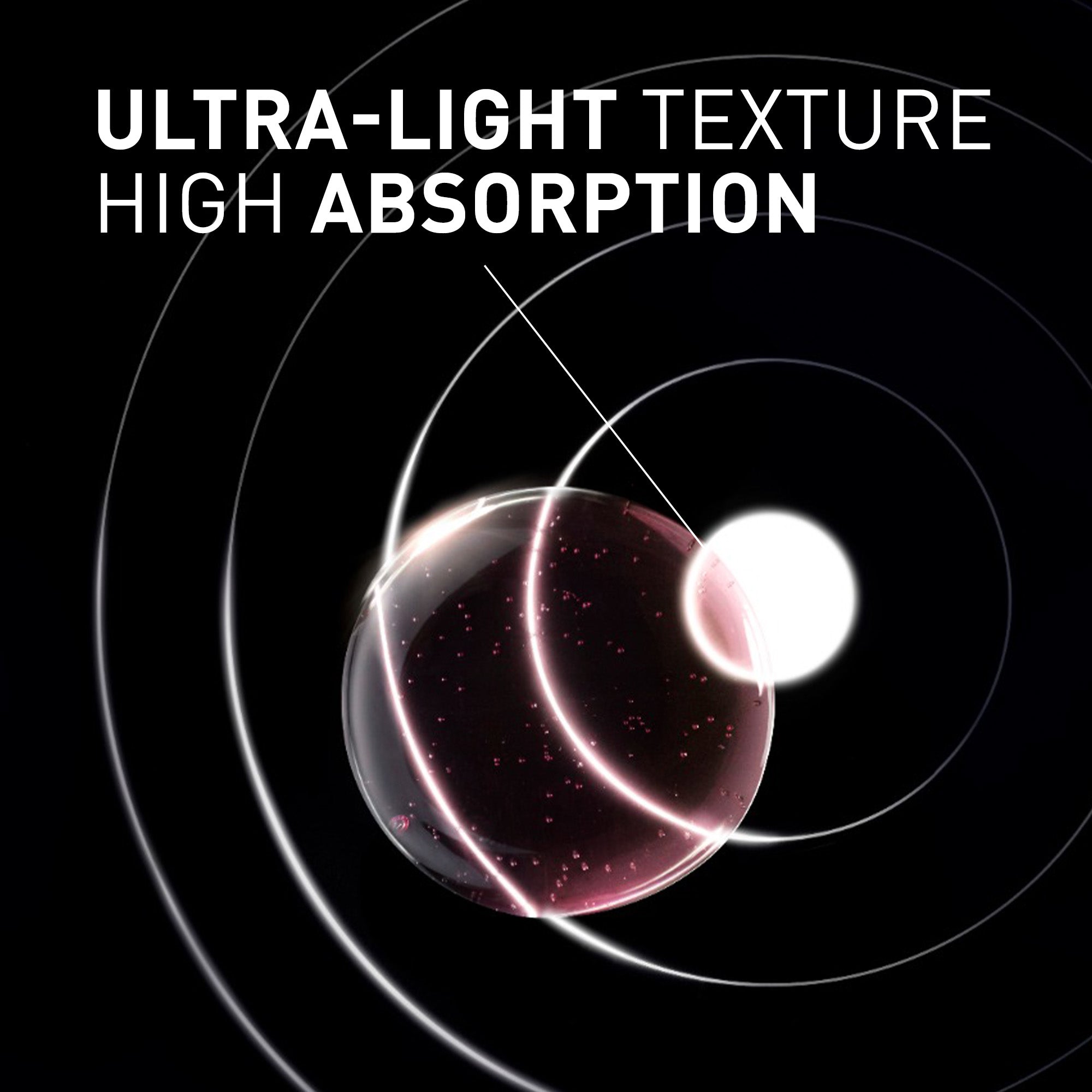 Spherical object with concentric circles and text 'Ultra-light texture, High absorption' on a black background
