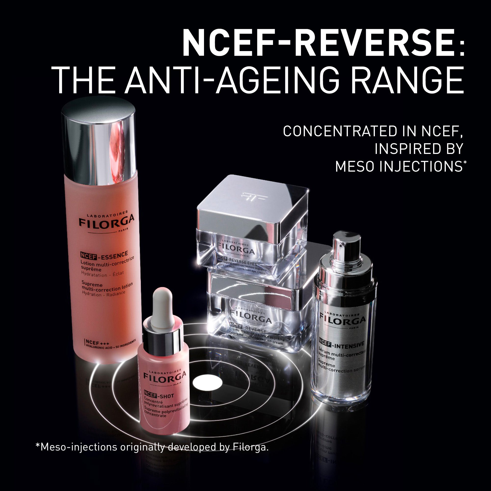 Filorga anti-aging skincare products on a black background with 'NCEF-Reverse' branding.