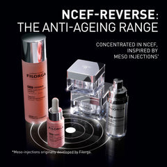 Filorga anti-aging skincare products on a black background with 'NCEF-Reverse' branding.