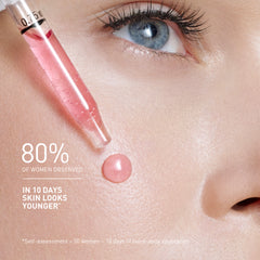 Cosmetic product being applied to skin with a close-up of a woman's eye.