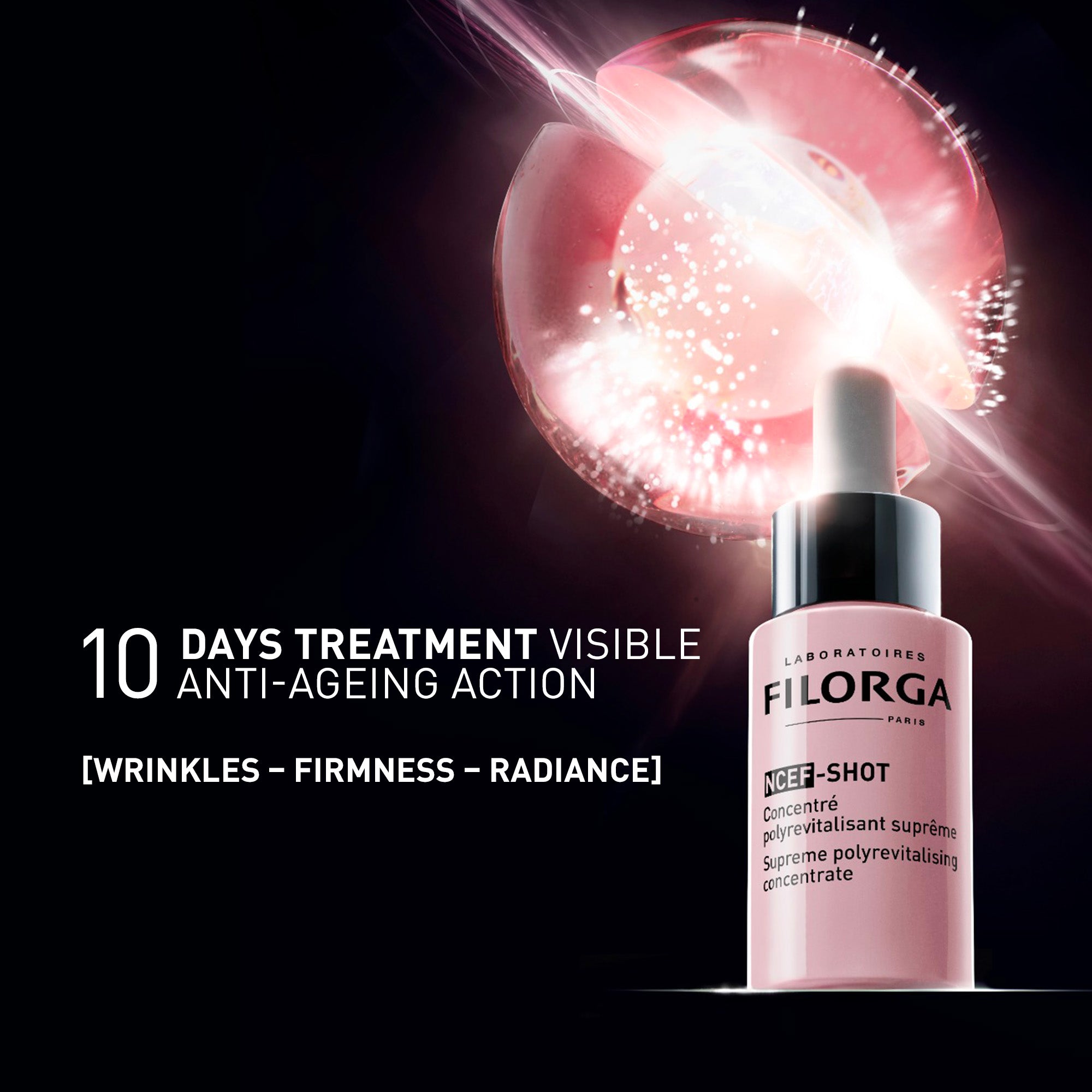 Filorga serum bottle with anti-aging text on a dark background