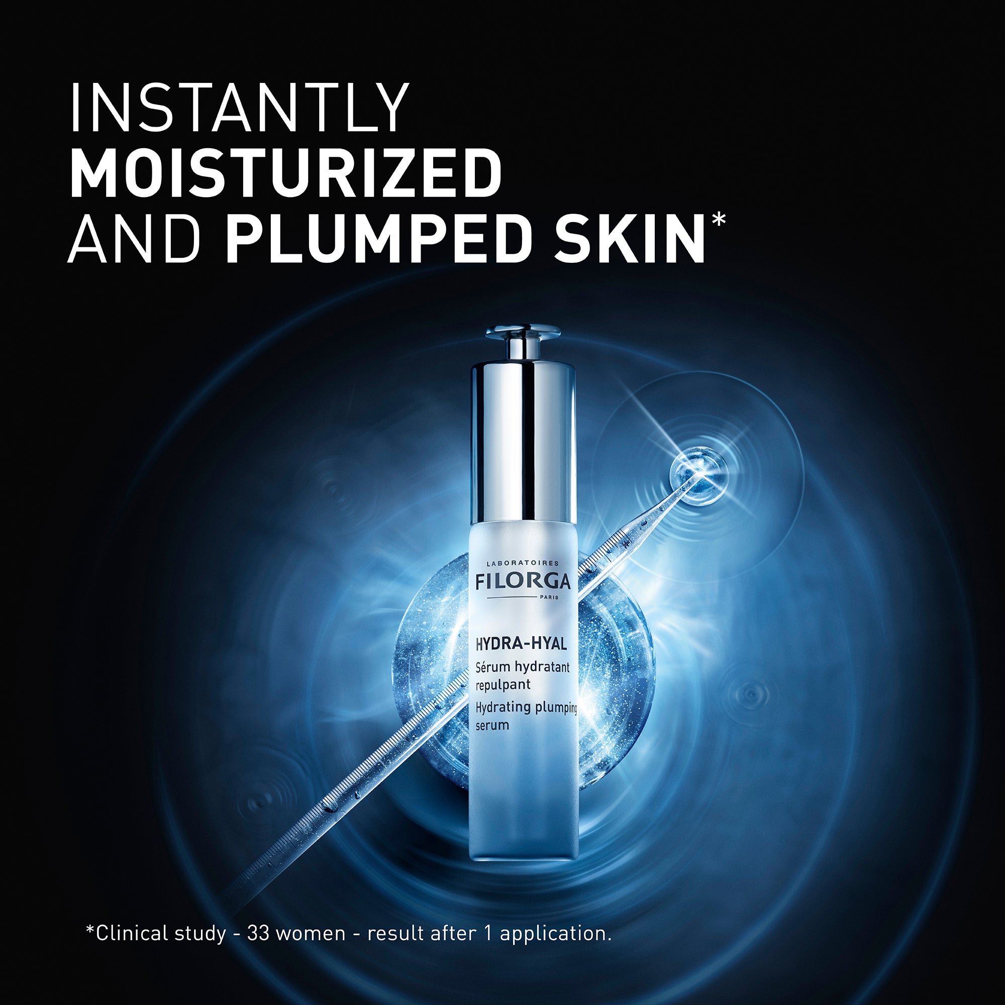 Filorga serum bottle with blue light effects and text on a black background