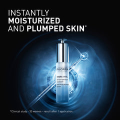 Filorga serum bottle with blue light effects and text on a black background