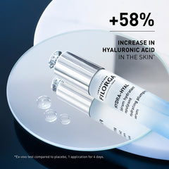 Filorga Hydra-Hyal serum bottle with hyaluronic acid text on a dark background