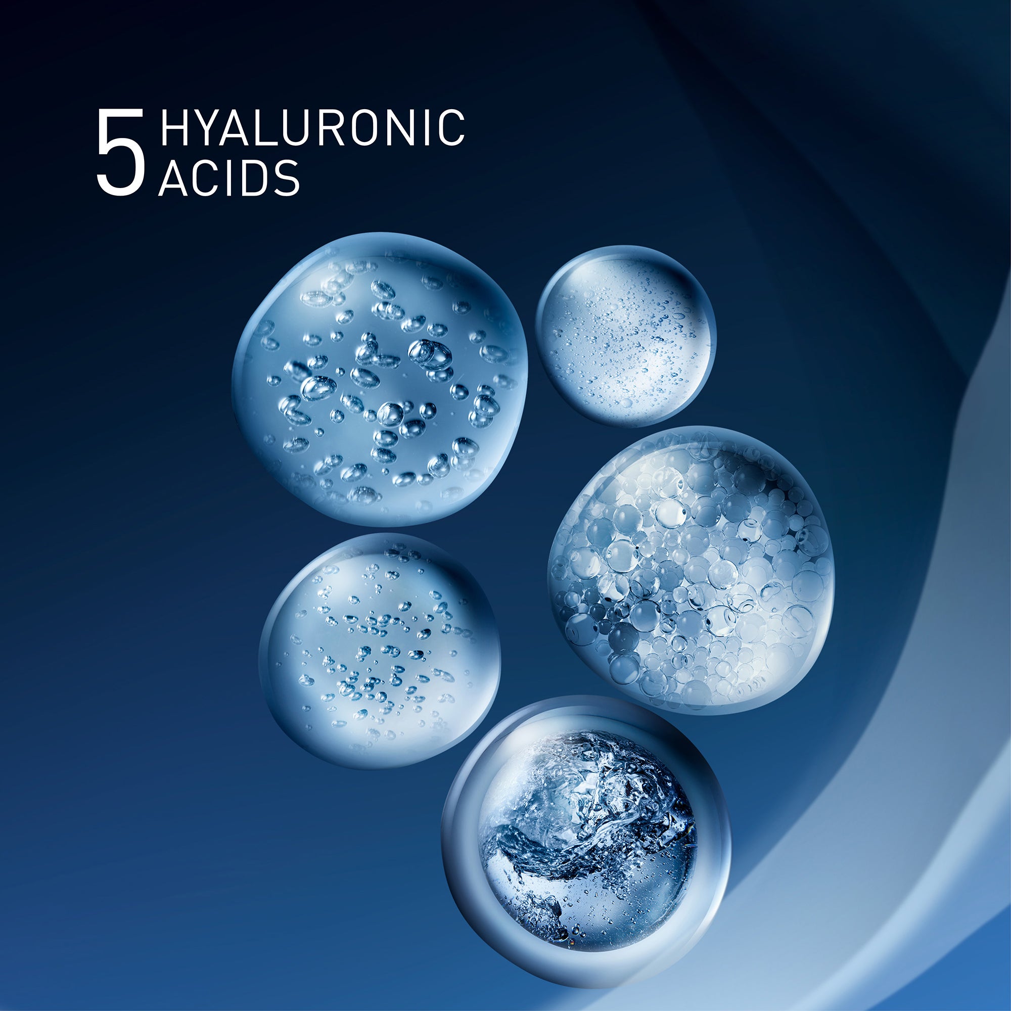 Five droplets of a clear liquid with bubbles on a dark blue background, labeled '5 Hyaluronic Acids'.