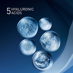 Five droplets of a clear liquid with bubbles on a dark blue background, labeled '5 Hyaluronic Acids'.