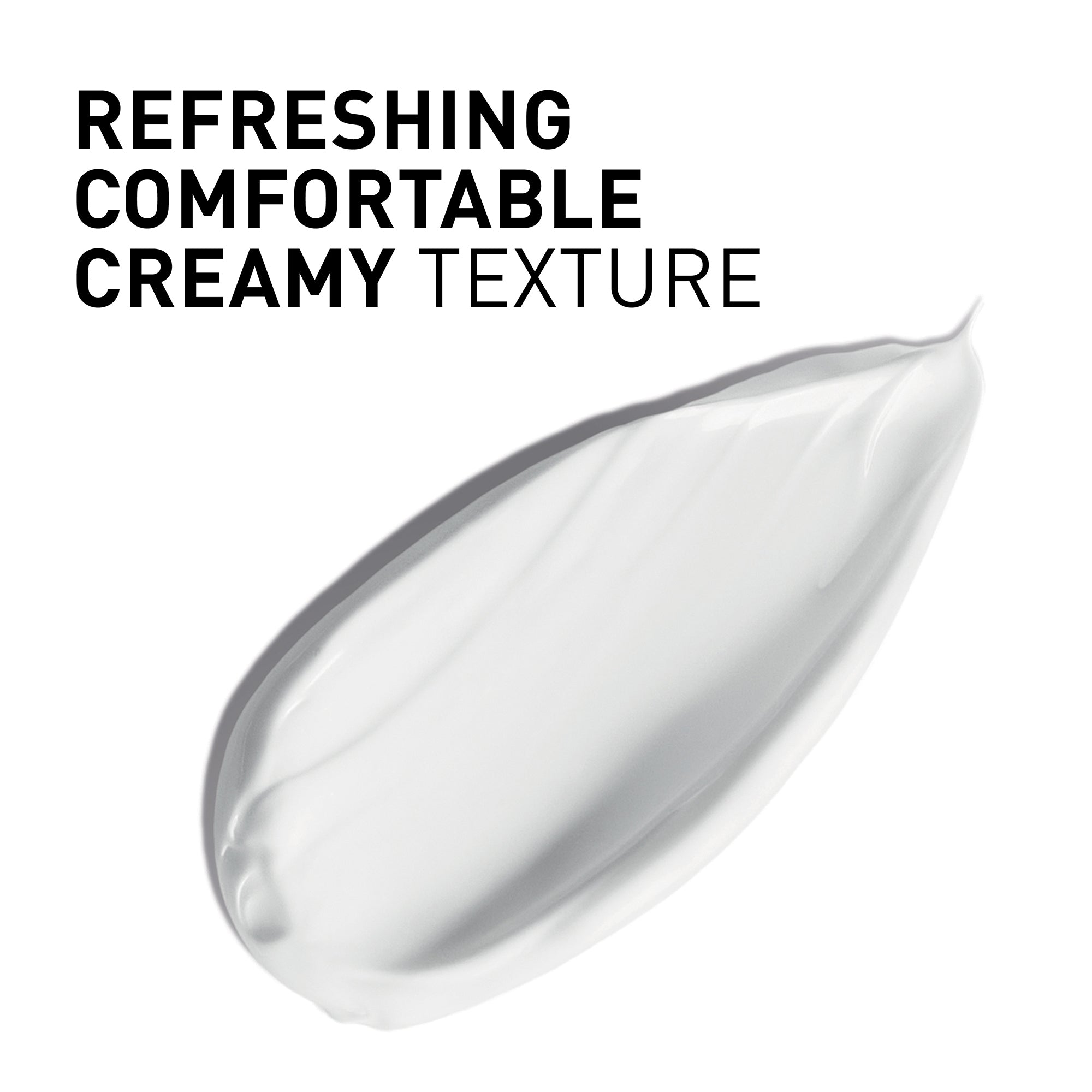 Creamy texture droplet with text 'Refreshing Comfortable Creamy Texture' on a white background