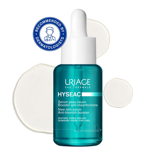 Uriage Hyseac skincare serum bottle with dropper on a white background