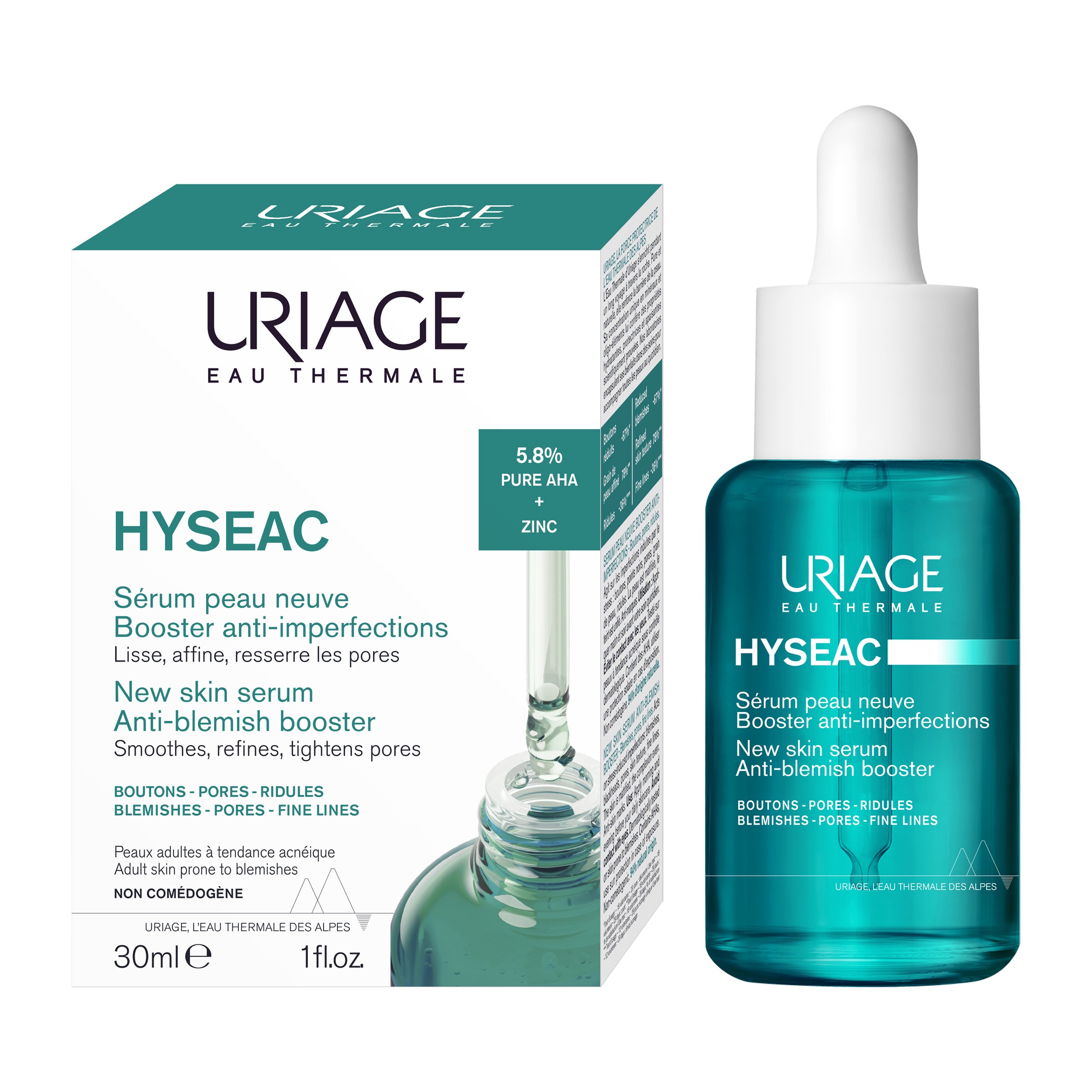 Uriage Hyseac serum bottle and packaging on a white background