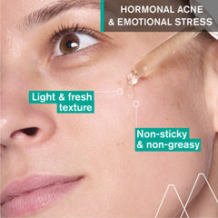 Close-up of a person's face with text highlighting features of a skincare product.