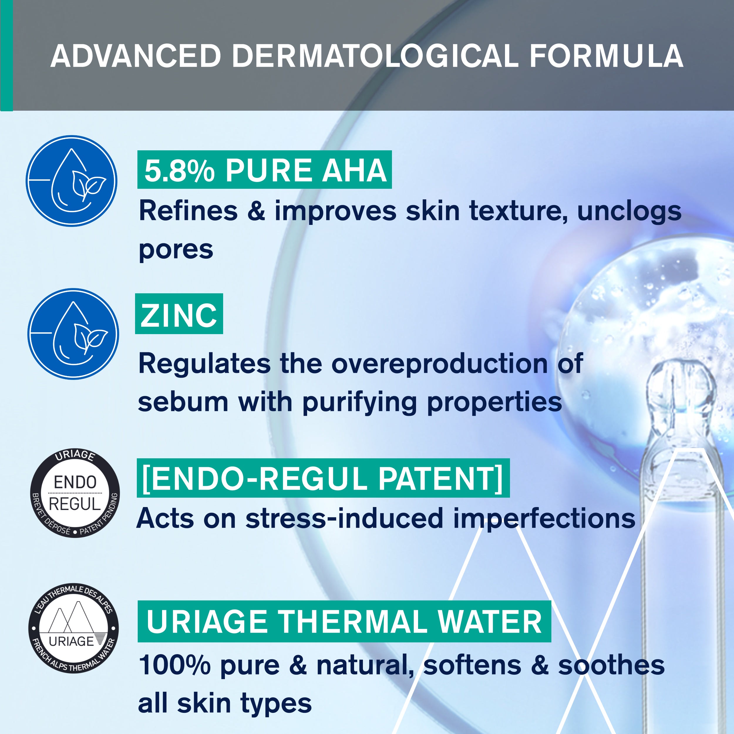 Product packaging with text detailing its advanced dermatological formula and ingredients.