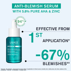 Uriage Hyseac anti-blemish serum with text highlighting its effectiveness and ingredients.