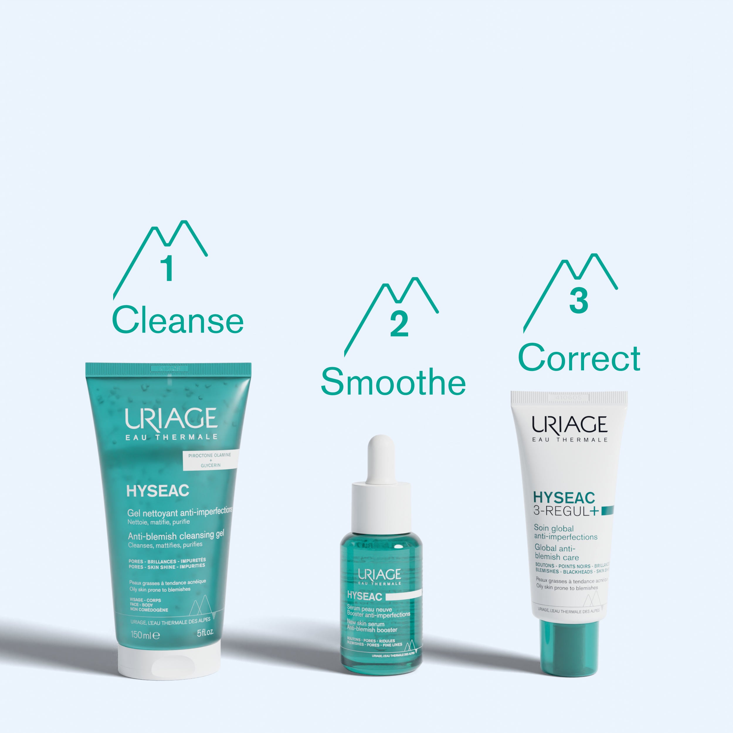 Three Uriage skincare products labeled 'Cleanse', 'Smoother', and 'Correct' on a light blue background.