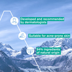 Mountain landscape with text about dermatologist recommendation, suitability for acne-prone skin, and natural ingredients.
