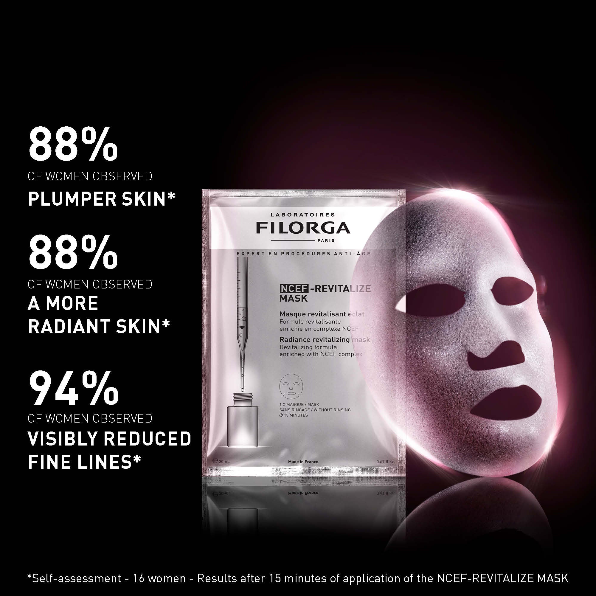 Filorga NCEF-Revitalize Mask packaging with promotional text on a dark background
