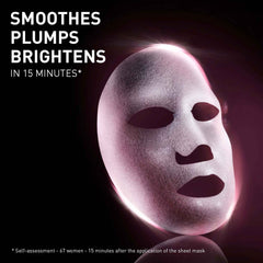 Facial mask with text 'Smoother Plumps Brightens In 15 Minutes*' on a dark background