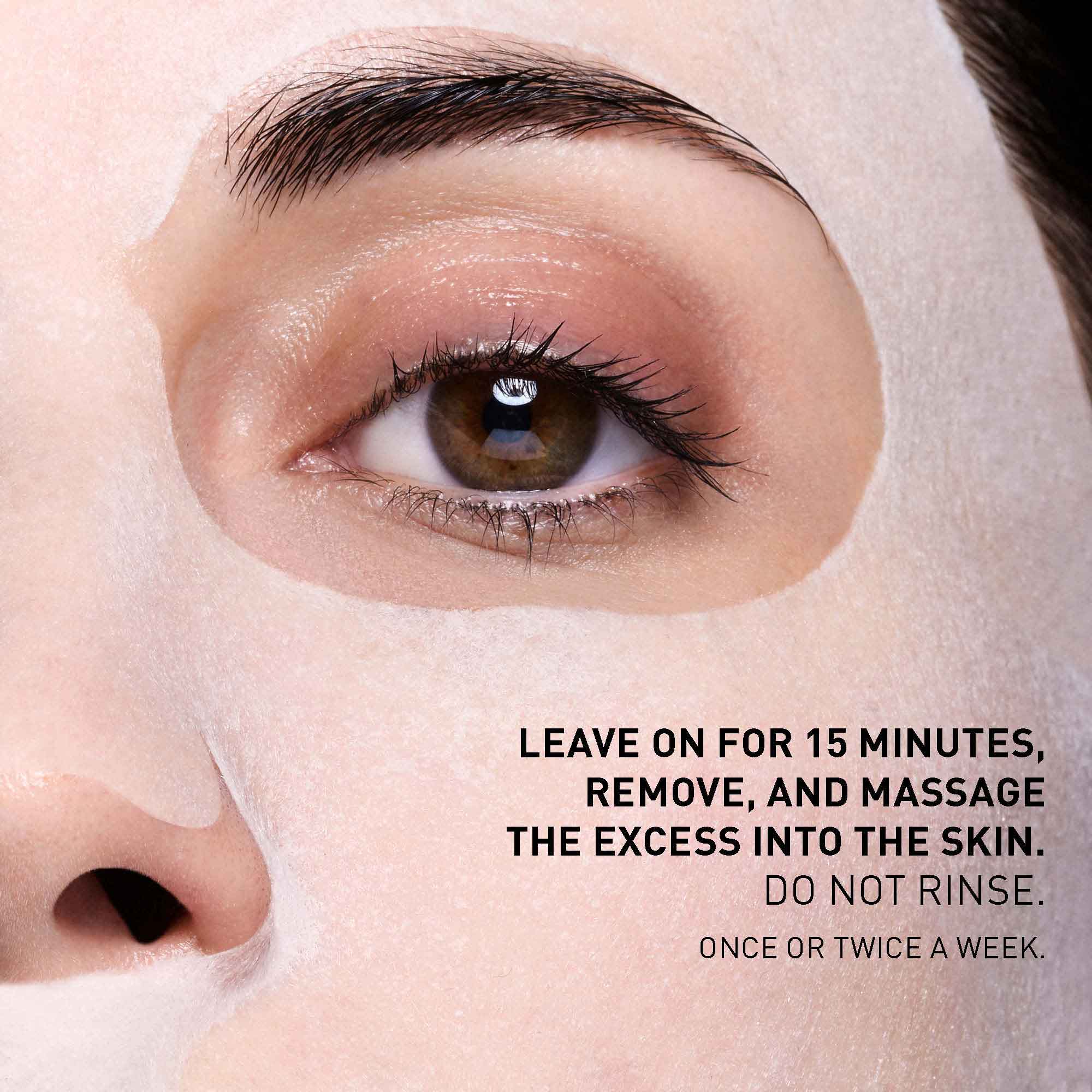 Close-up of a person's eye with a skincare product application, text overlay.