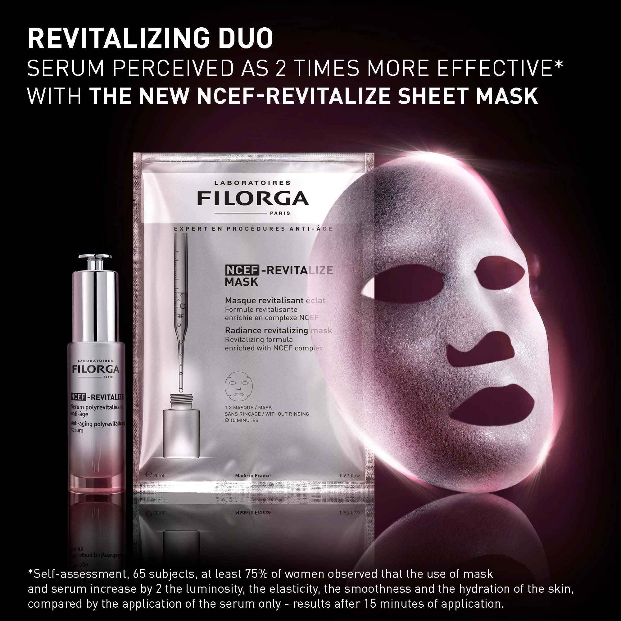 Filorga NCEF-Revitalize serum and sheet mask on a black background