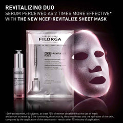 Filorga NCEF-Revitalize serum and sheet mask on a black background