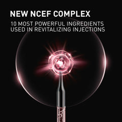 Intravenous needle with a glowing sphere and text about NCEF Complex on a black background