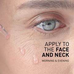 Close-up of eye with skincare product application and text 'Apply to the face and neck morning & evening'.