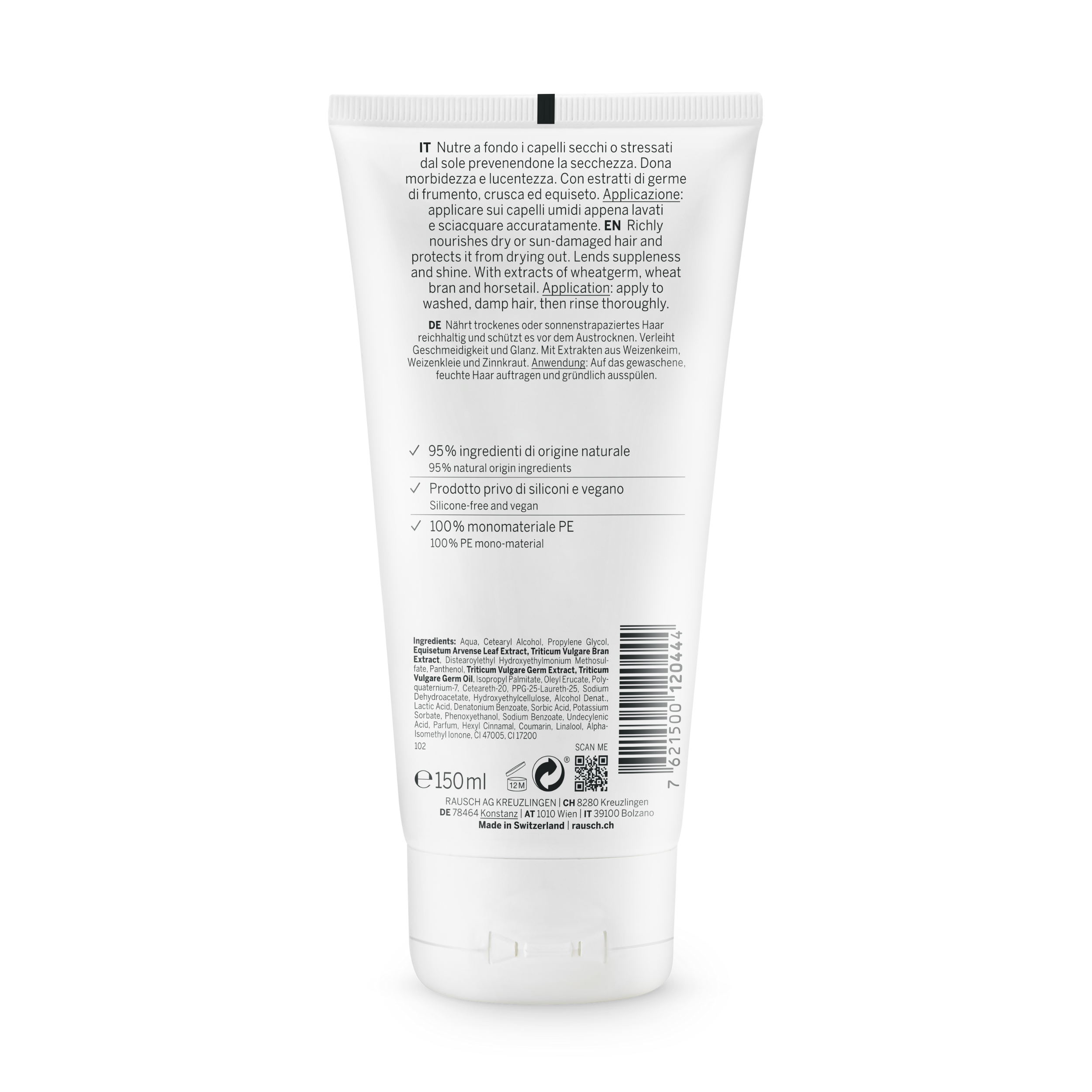 White tube with text and a barcode on a white background