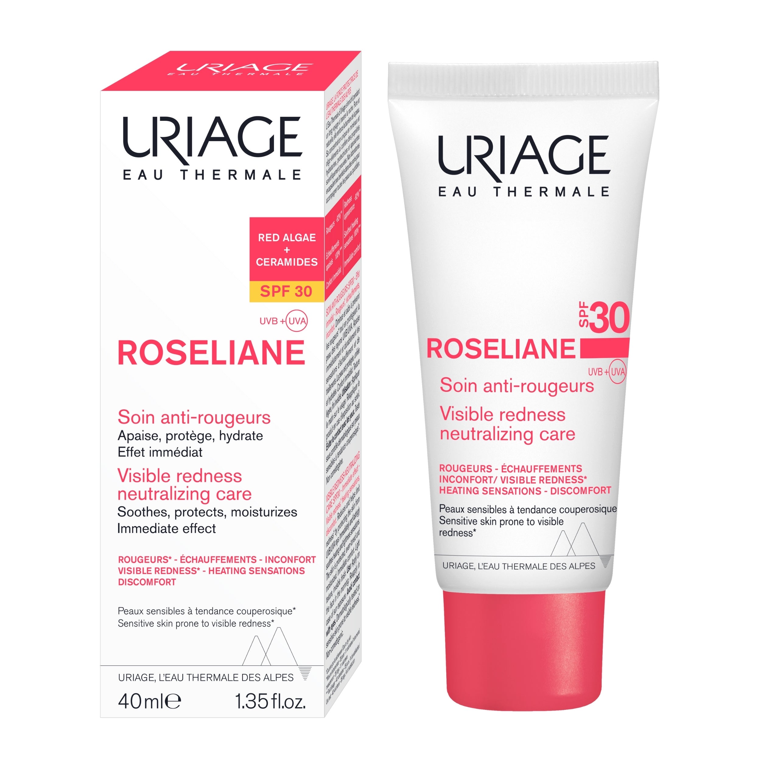 Uriage Roseliane visible redness neutralizing care packaging and tube on a white background