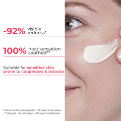 Skincare product application on skin with text highlighting redness reduction and heat sensation soothing.