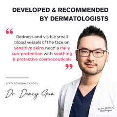Dermatologist Dr. Danny Guo with text about daily sun-protection for sensitive skin.