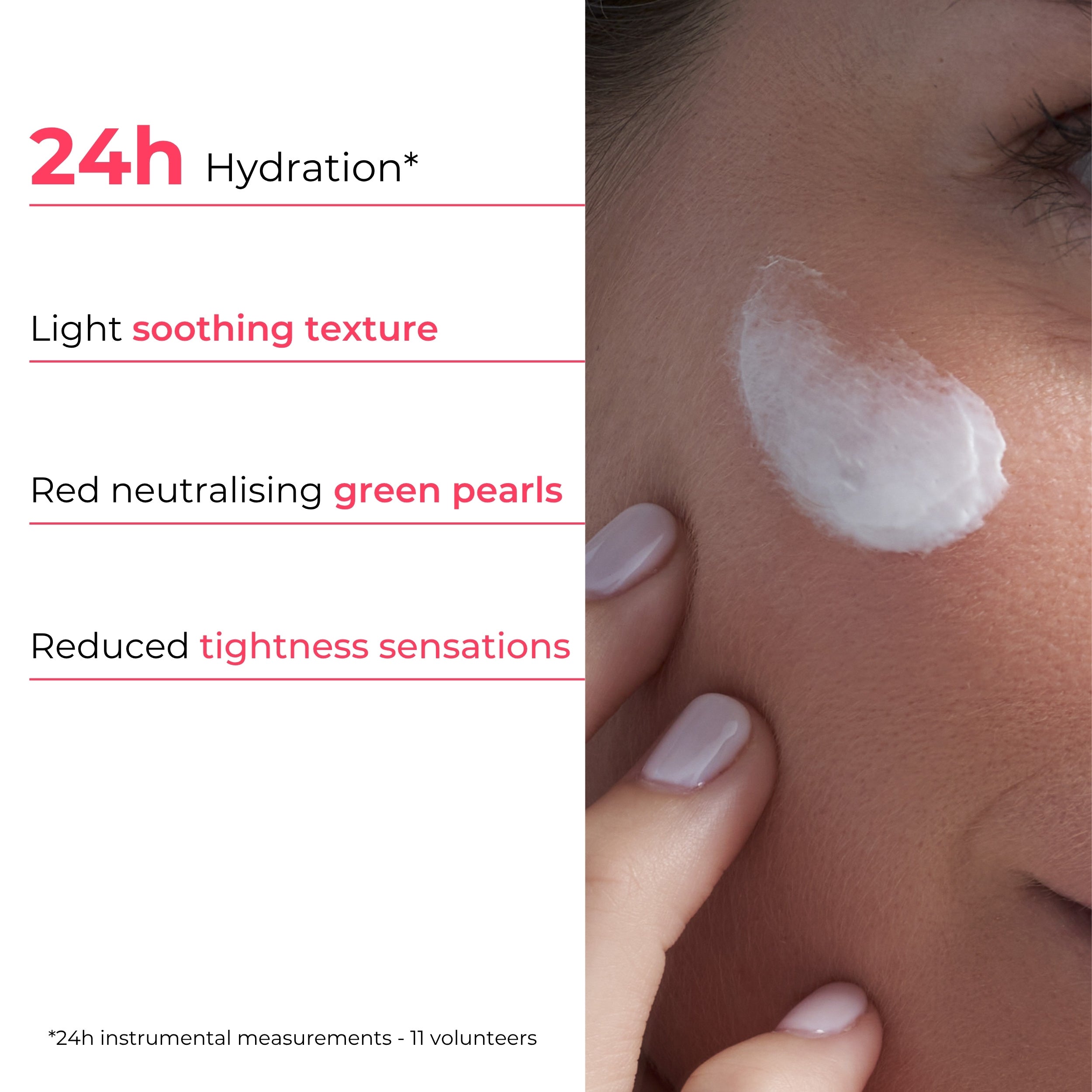Cosmetic cream application on skin with product features listed