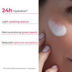 Cosmetic cream application on skin with product features listed