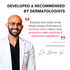 Dermatologist Dr. Karan Lal endorsing skincare product with text about skin care needs.