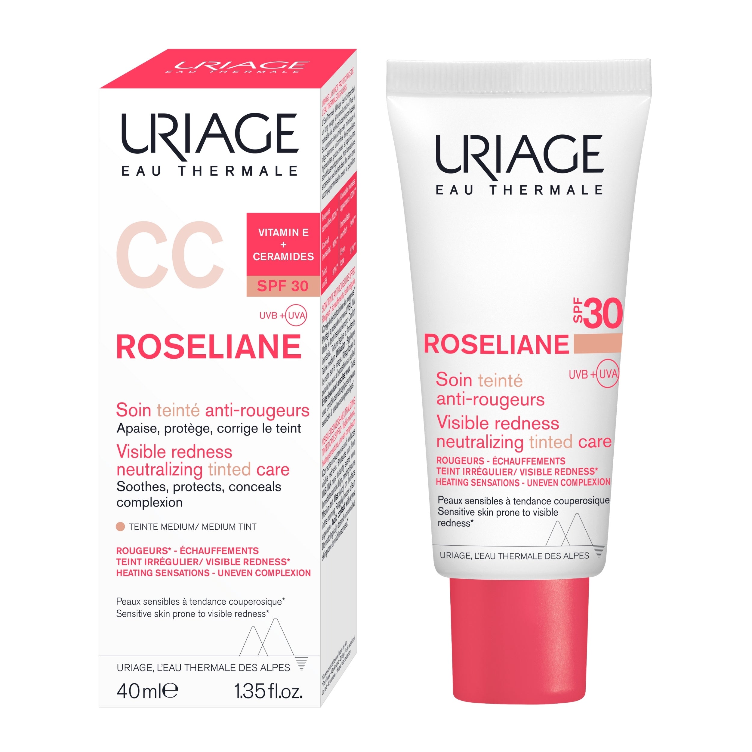 Uriage Roseliène CC Cream packaging and tube on a white background