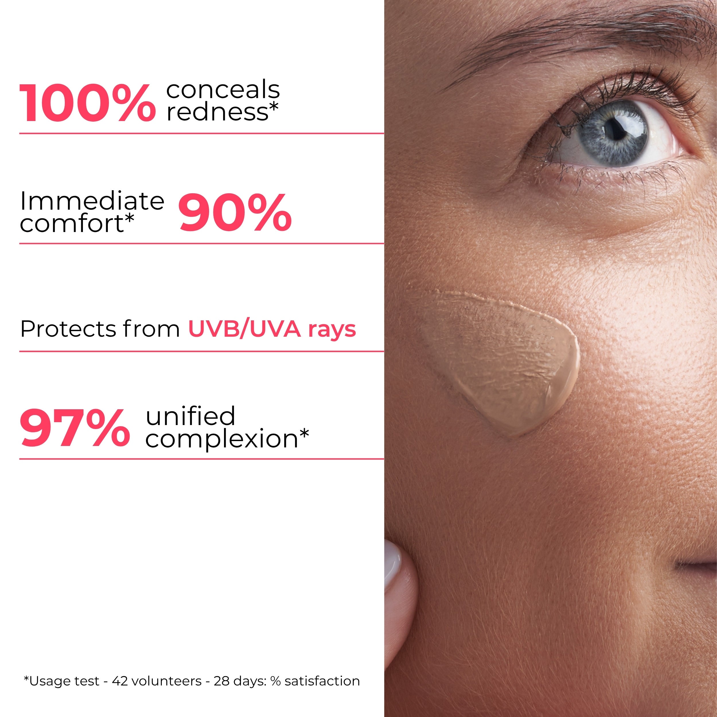 Cosmetic product applied to skin with text highlighting its benefits