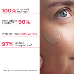 Cosmetic product applied to skin with text highlighting its benefits