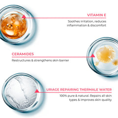 Illustration of vitamin E, ceramides, and Uriage repairing thermale water with text on a white background.
