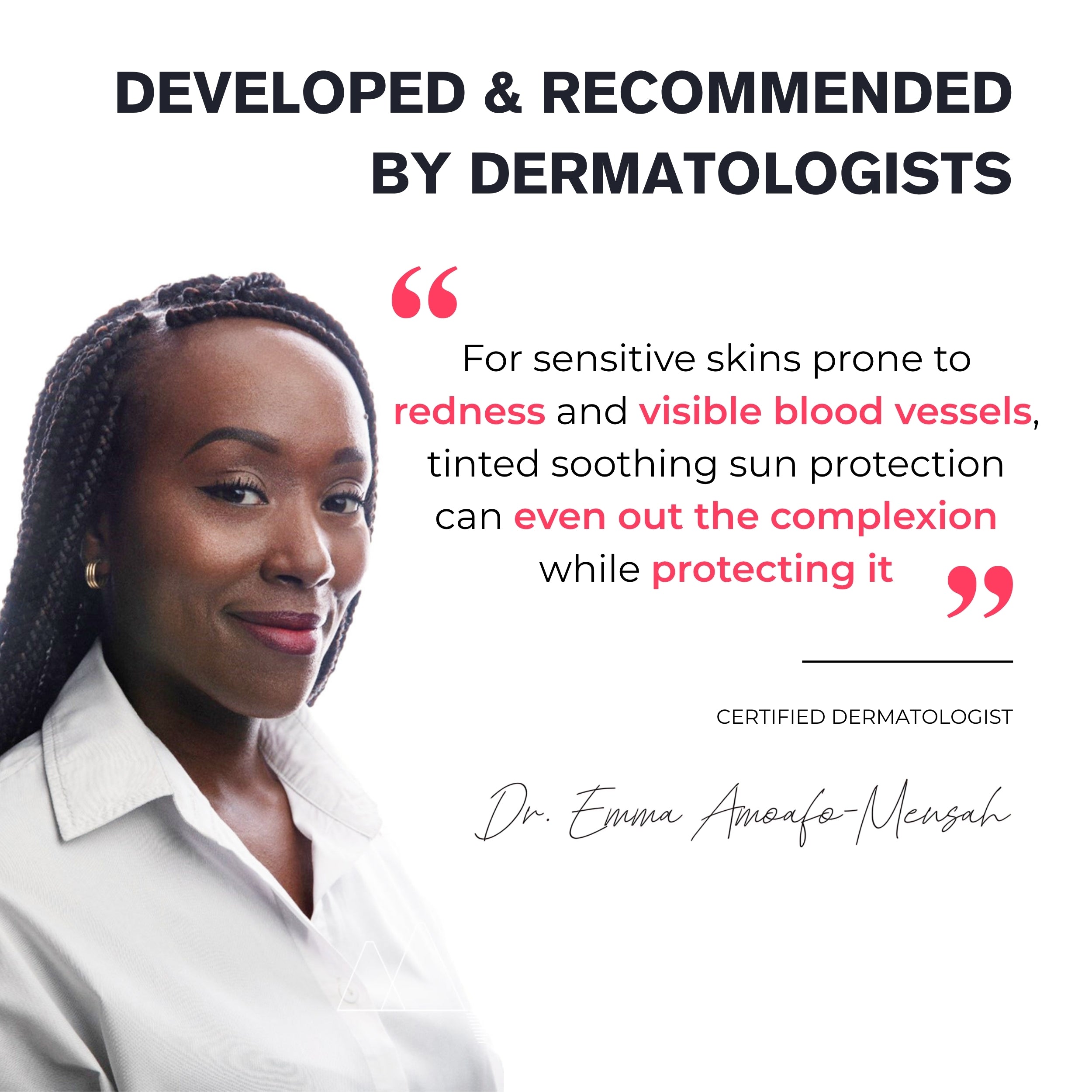 Woman with text about dermatologist-developed sun protection
